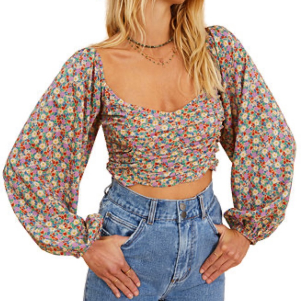 BILLABONG THE SALTY BLONDE Free Love Crop Top Sz M Multicolor Floral Puff Sleeve